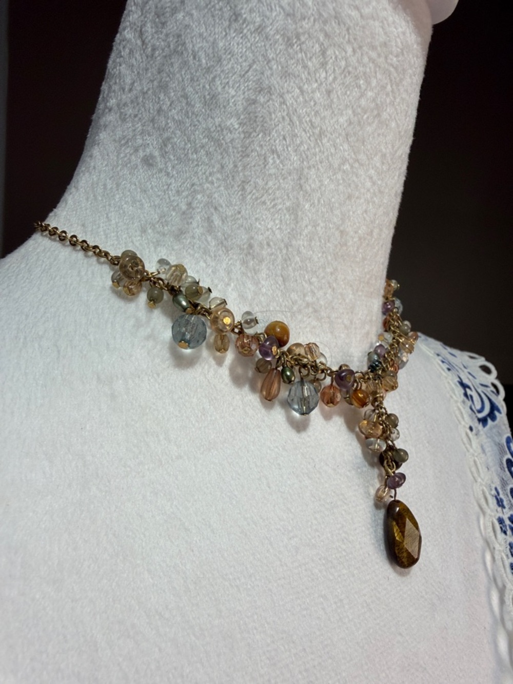 Vintage Avon Beaded Multi-Color Bib Choker/Necklace with Brown Teardrop Pendant